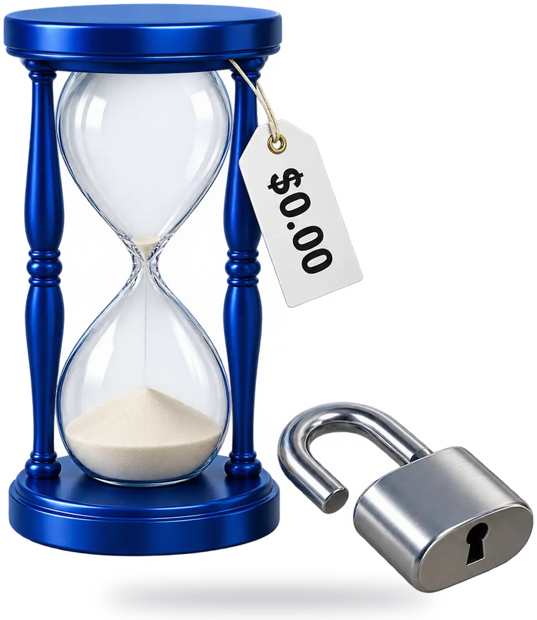 An hourglass with a price tag that reads $0.00 beside an open padlock