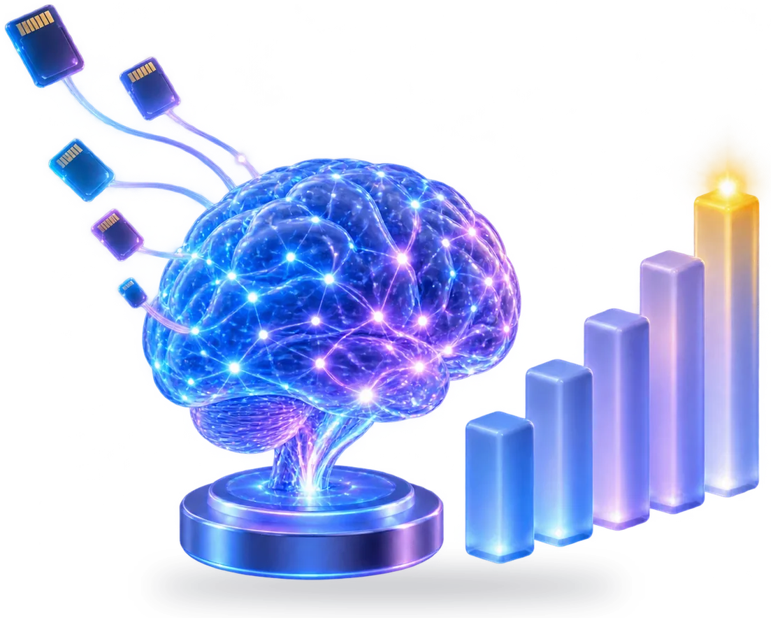 A glowing brain with rising level bars and memory cards flowing into it