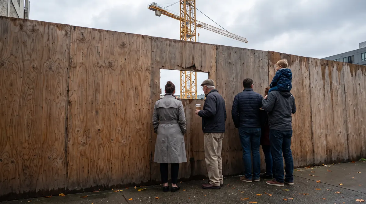 A small crowd looking through a viewing window cut into a plywood construction fence