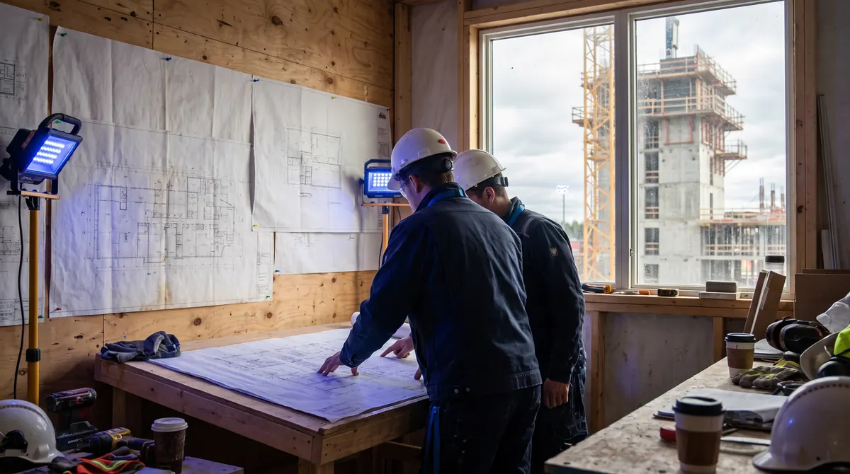 Crew in hard hats studying blueprints in a site office, the building rising outside the window