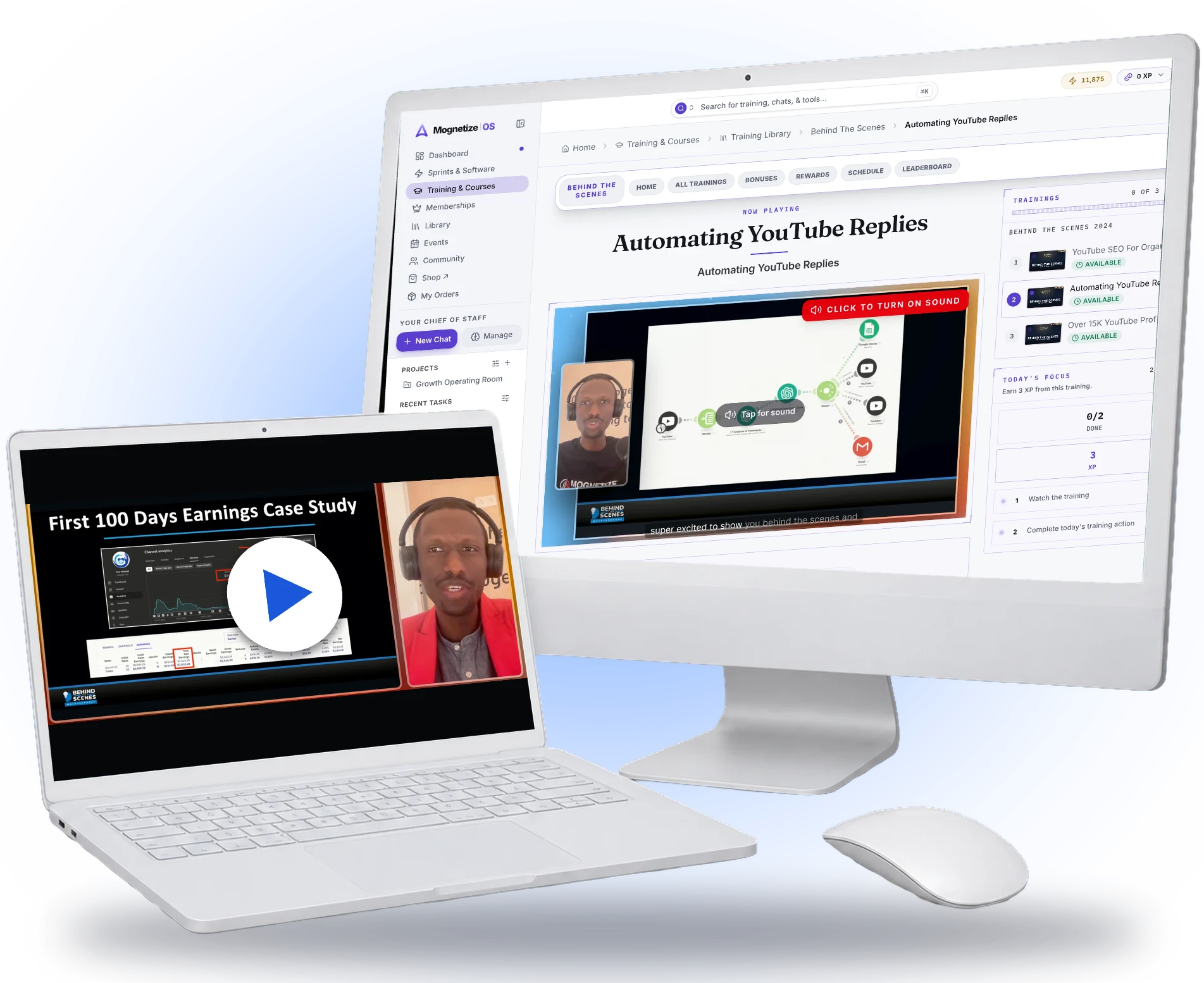 A desktop playing a Behind The Scenes walkthrough and a laptop showing the Behind The Scenes course card