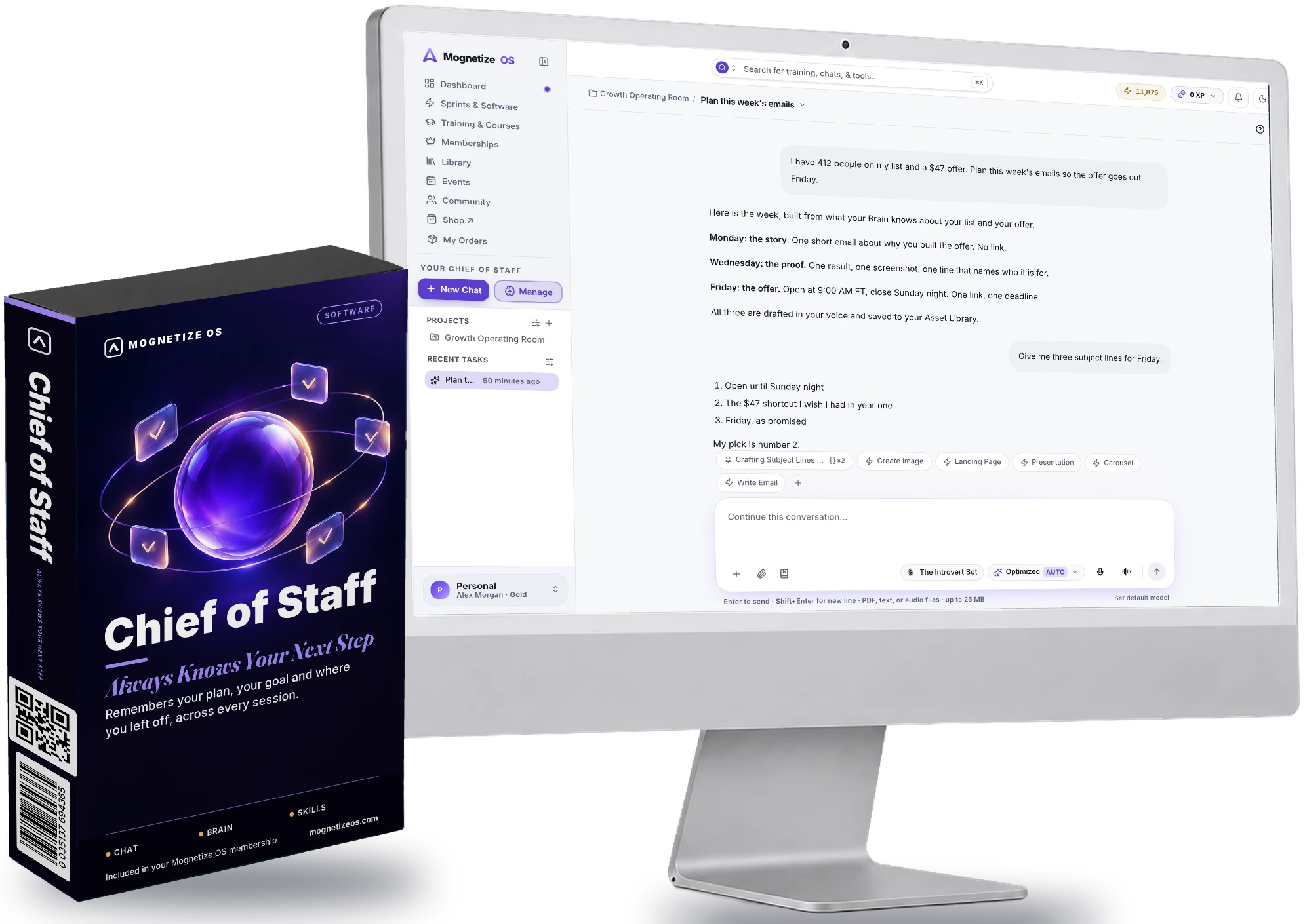 Chief of Staff software box beside a desktop showing a Chief of Staff conversation