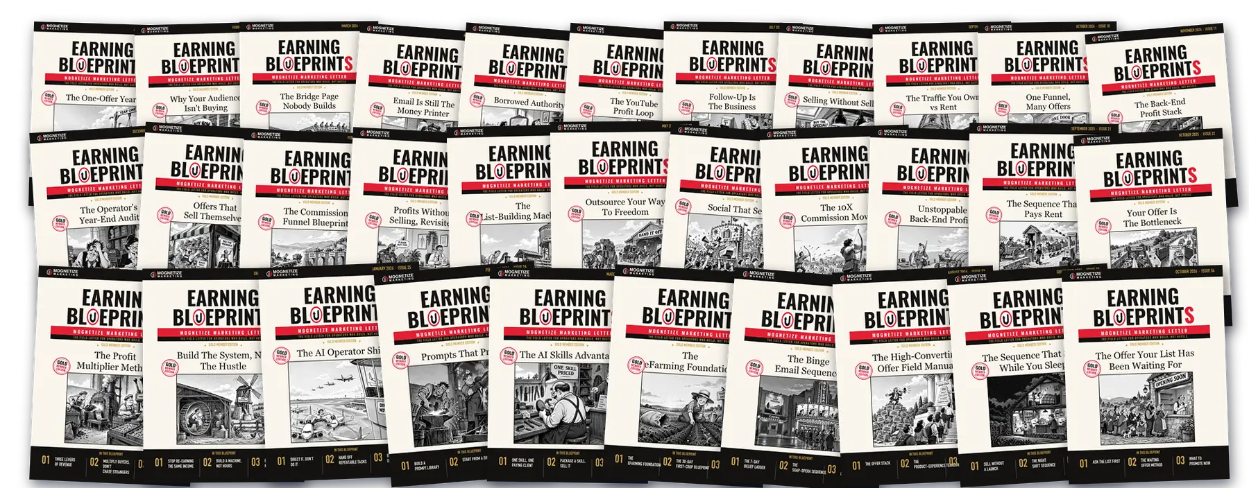 All 32 Earning Blueprints issues, fanned in three rows