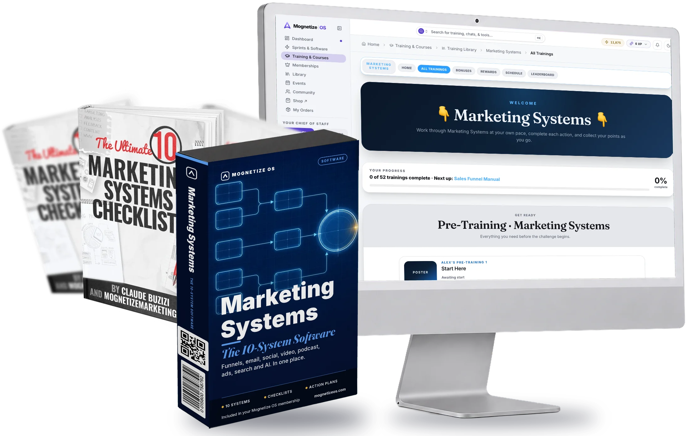 The 10 Marketing Systems checklists, the Marketing Systems software box and a desktop showing the course
