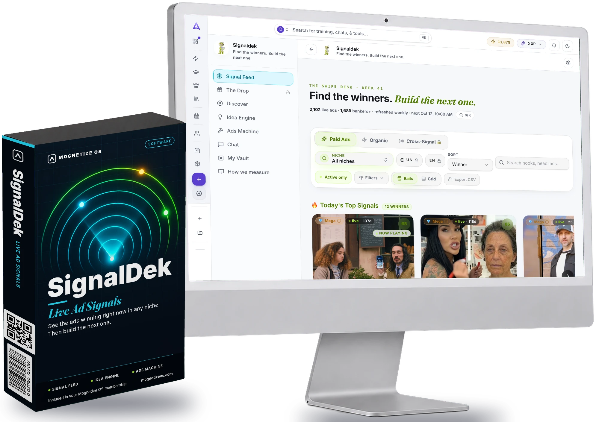 SignalDek software box, Live Ad Signals, beside a desktop showing the SignalDek signal feed