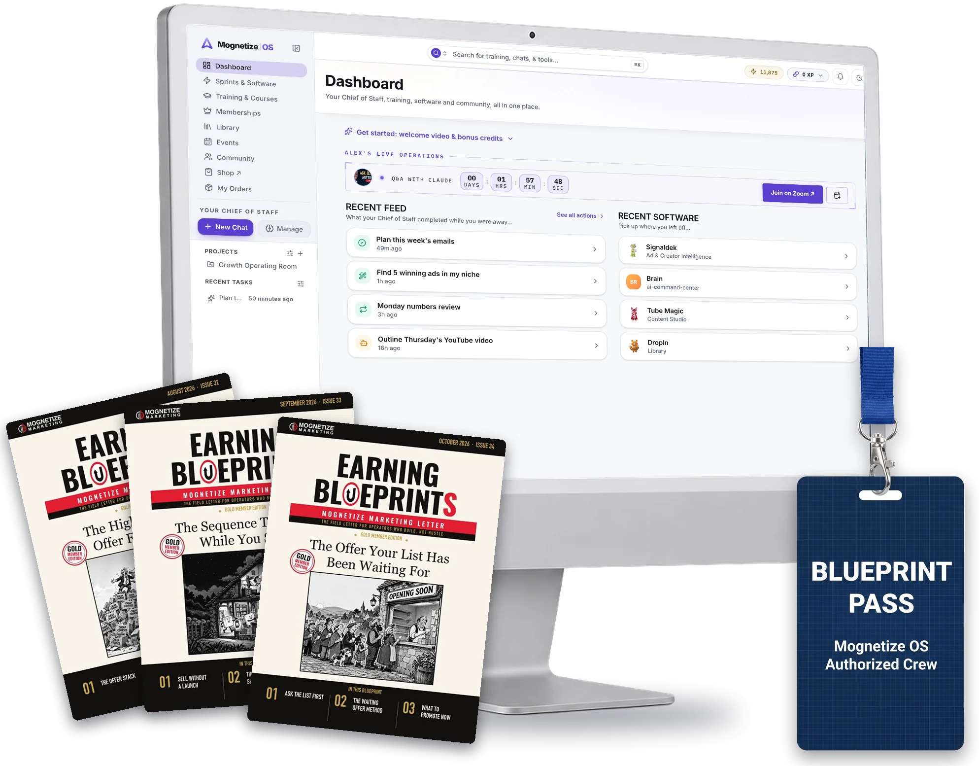 Mognetize OS 14-day free trial: the dashboard on a desktop with the Blueprint Pass and three Earning Blueprints issues